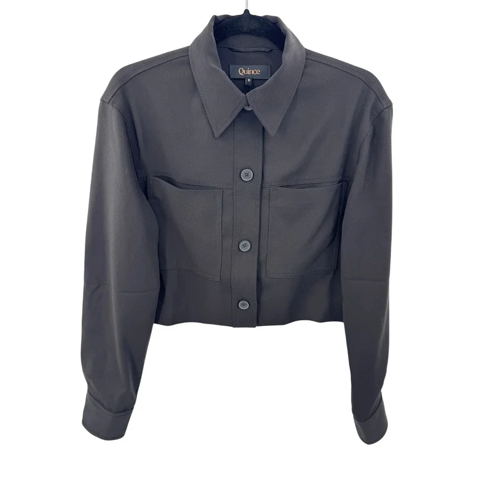 Quince Black Stretch Crepe Cropped Jacket Blazer Women's Size S - Picture 3 of 8